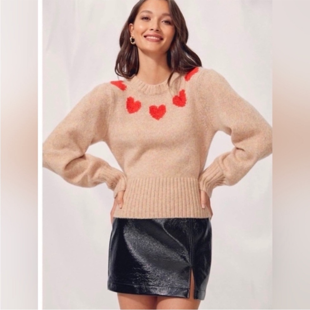 ARITZIA WILFRED CASHMERE WOOL  POESY Heart Pattern Beige Sweater SIZE LARGE NWOT